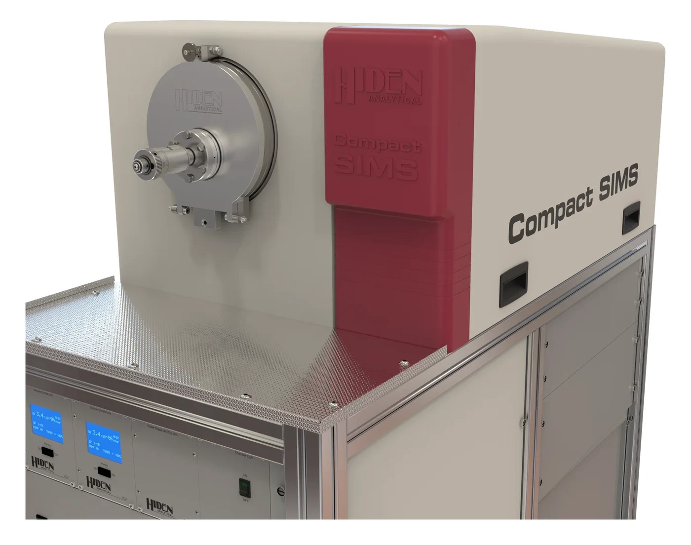 Compact SIMS de Hiden Analytical, módulo de análisis de superficies acoplado a un bastidor con la electrónica debajo