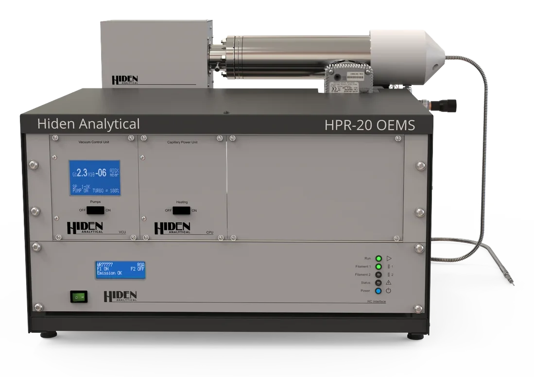 HPR-20 OEMS de Hiden Analytical, chasis de rack con analizador cuadrupolar y línea de muestreo para celdas electroquímicas