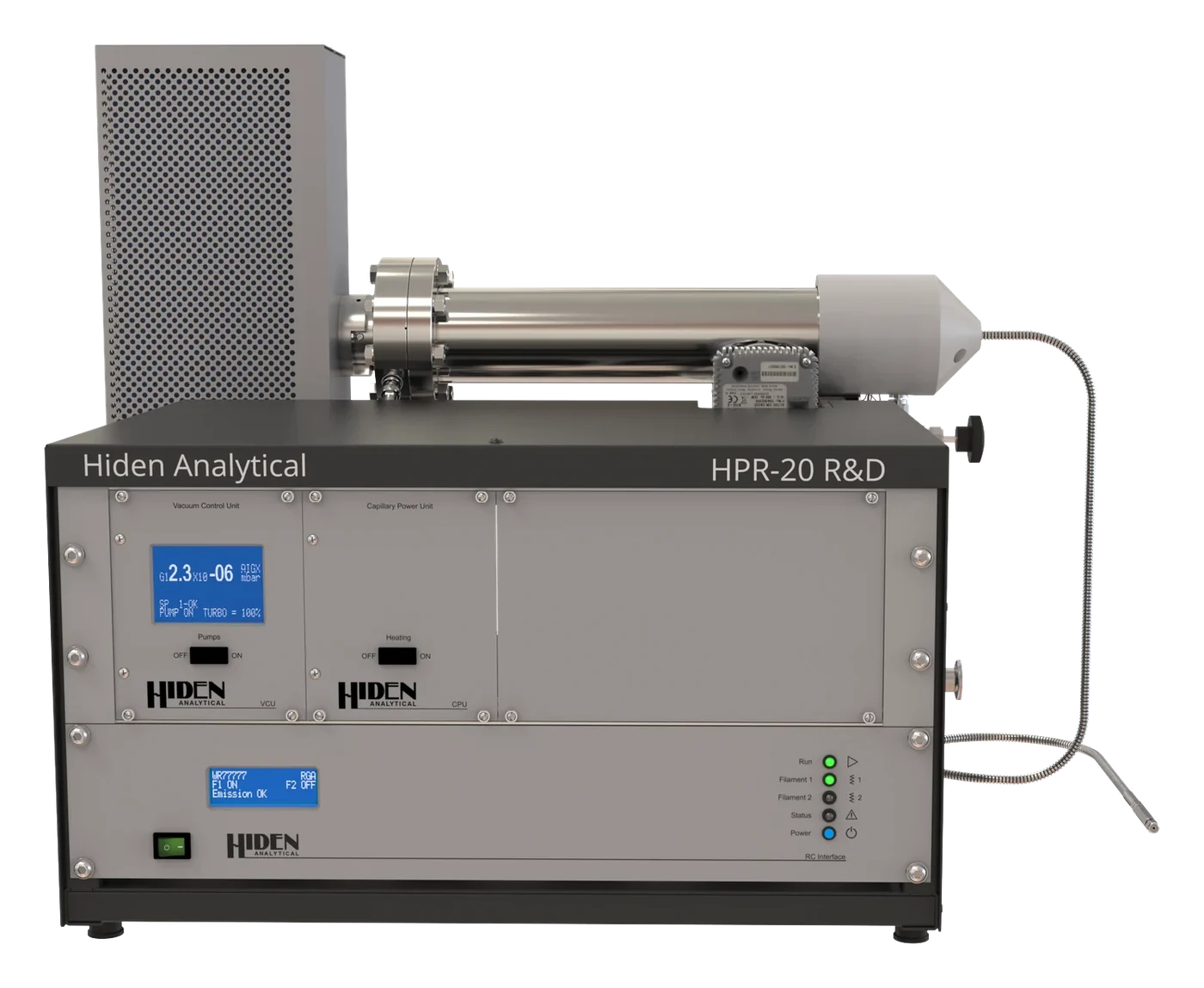 HPR-20 R&D de Hiden Analytical: chasis de rack con el analizador cuadrupolar y el capilar calefactado montados encima