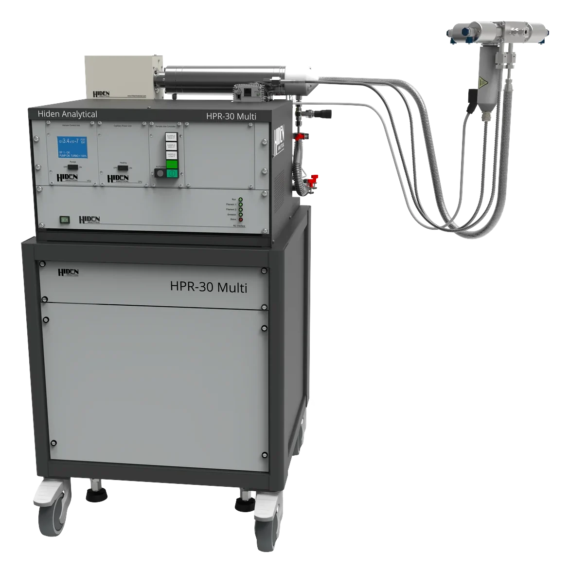 HPR-30 Multi de Hiden Analytical, sistema móvil con la electrónica en rack y las líneas de muestreo de proceso