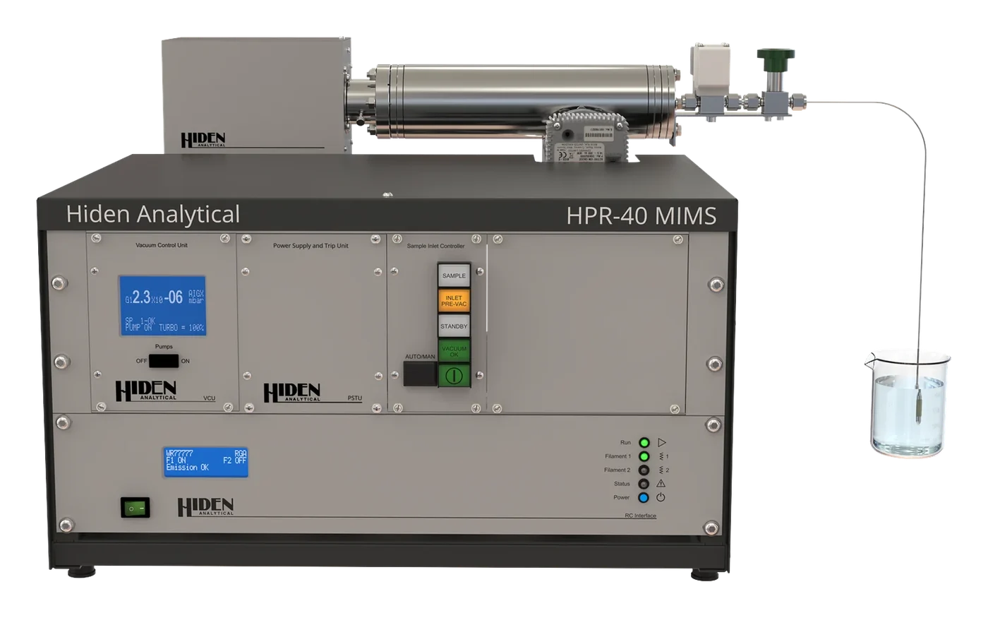 HPR-40 MIMS de Hiden Analytical midiendo gases disueltos, con la sonda de membrana sumergida en un vaso de precipitados