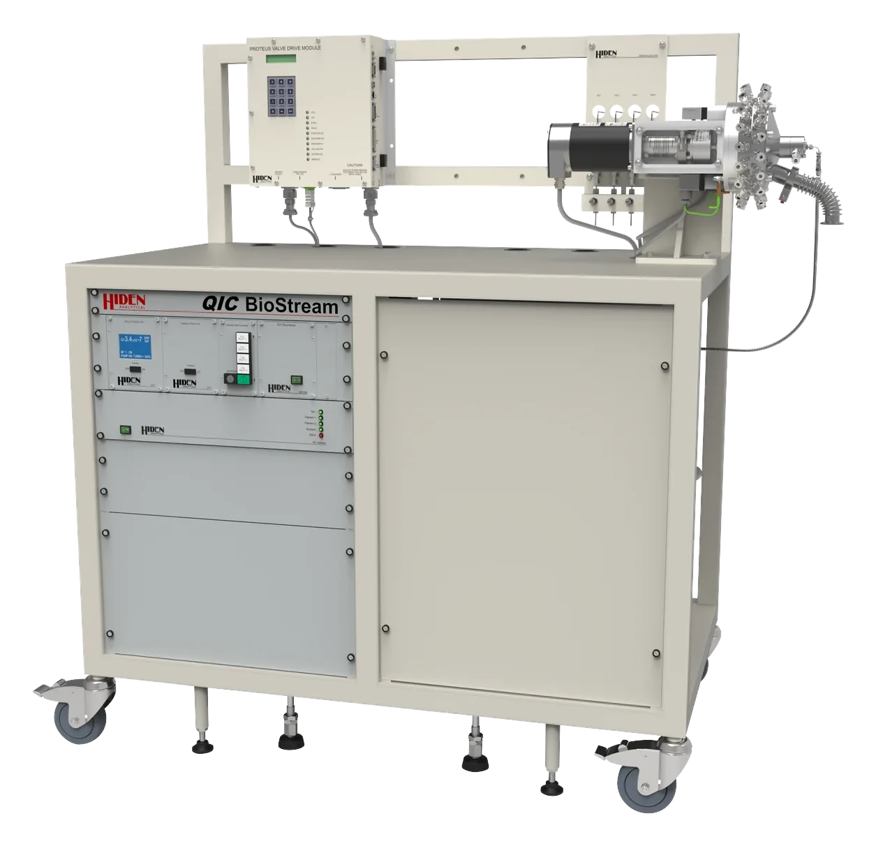 QIC BioStream de Hiden Analytical, sistema móvil sobre ruedas con colector multicanal para gases de salida de biorreactores